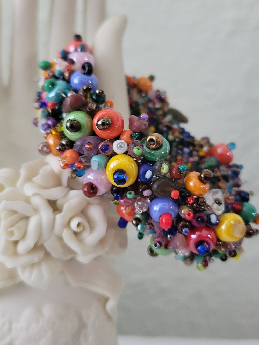 Handwoven Seed Bead Wide Cuff Magnetic Bracelet 6.75” Funky Boho
